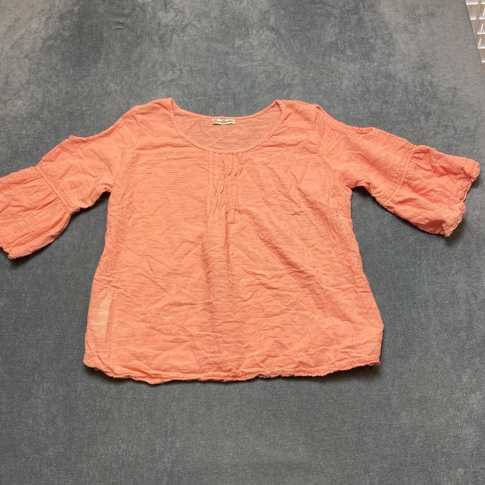 VTG Zara Appleseed Blouse Womens M Coral Pink Bell Sleeve Lace Trim Cold